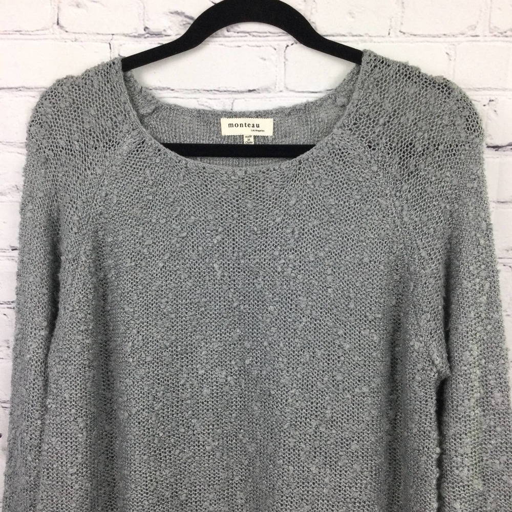 Monteau Los Angeles Grey Swiss Dot Lace Hem Boat Neck Pullover Sweater L - Picture 2 of 16